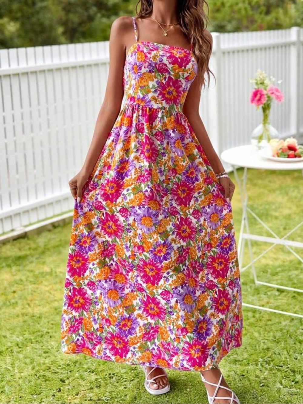 SHEIN Floral Spaghetti-Strap Maxi Dress in Pink, Orange & Purple